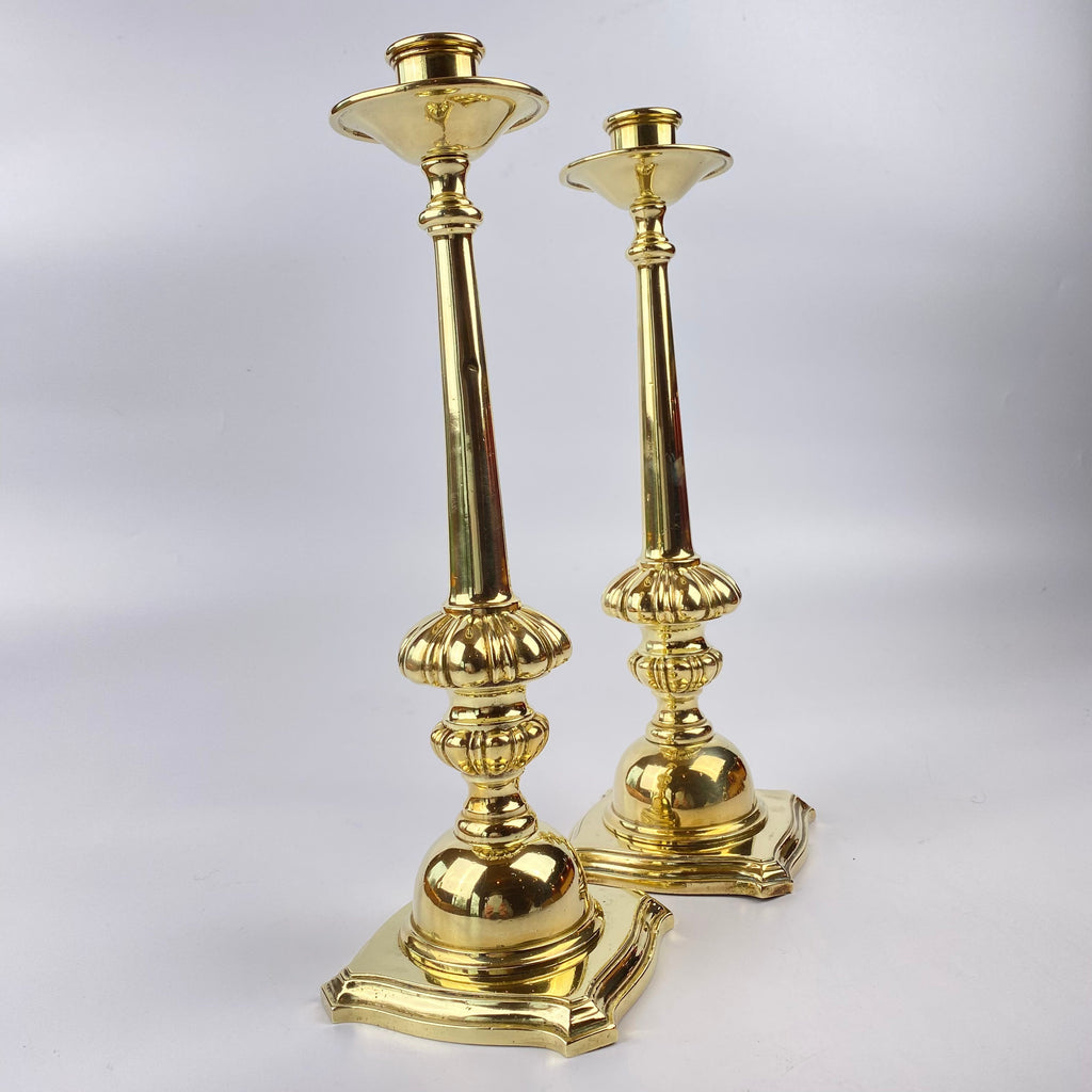 Pair of Tall Heavy Brass Candlesticks-Antique Decorative-Art Nouveau-Lowfields Barn Antiques