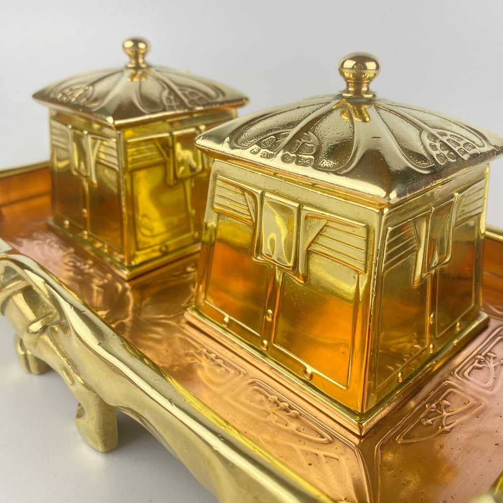 Stunning Art Deco Secessionist Brass Double Inkstand Circa 1920's-Antique Brass-1920 - 1930-Lowfields Barn Antiques