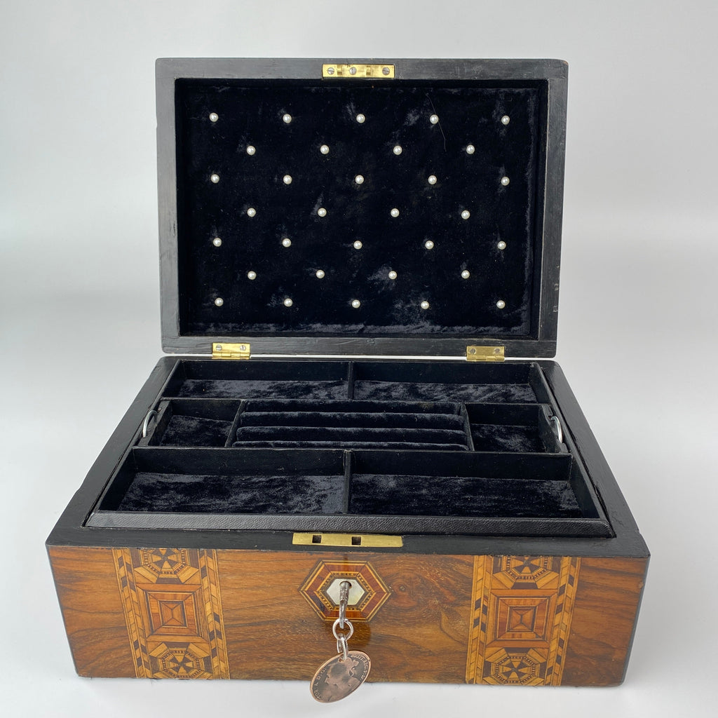 Tunbridge Ware Jewellery Box with Key Circa 1880 - 1900 Late Victorian-Antique Jewellery Box-19th Century Victorian-Lowfields Barn Antiques