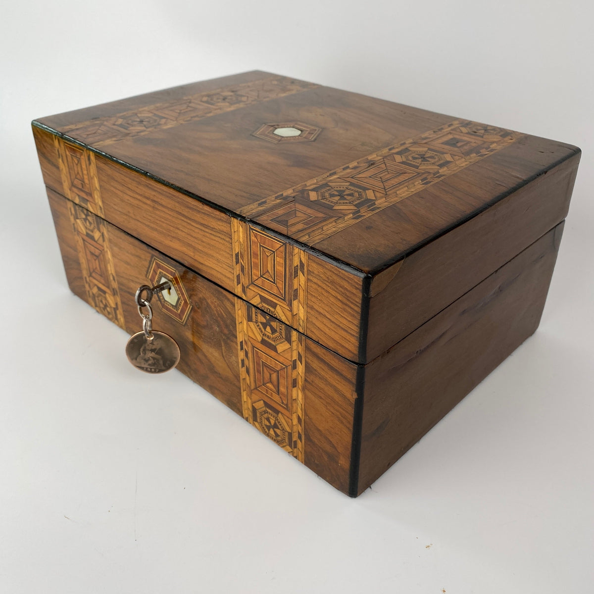Tunbridge Ware Jewellery Box with Key Circa 1880 1900 Late