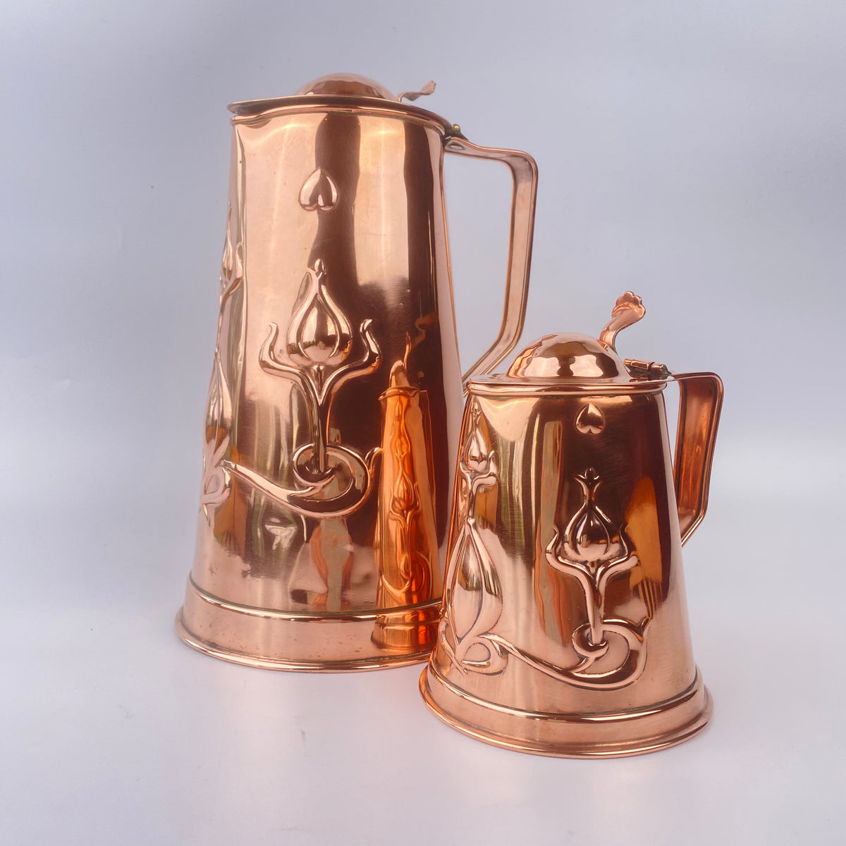 Two Art Nouveau Joseph Sankey & Son Copper Jugs 1888-1889-Antique