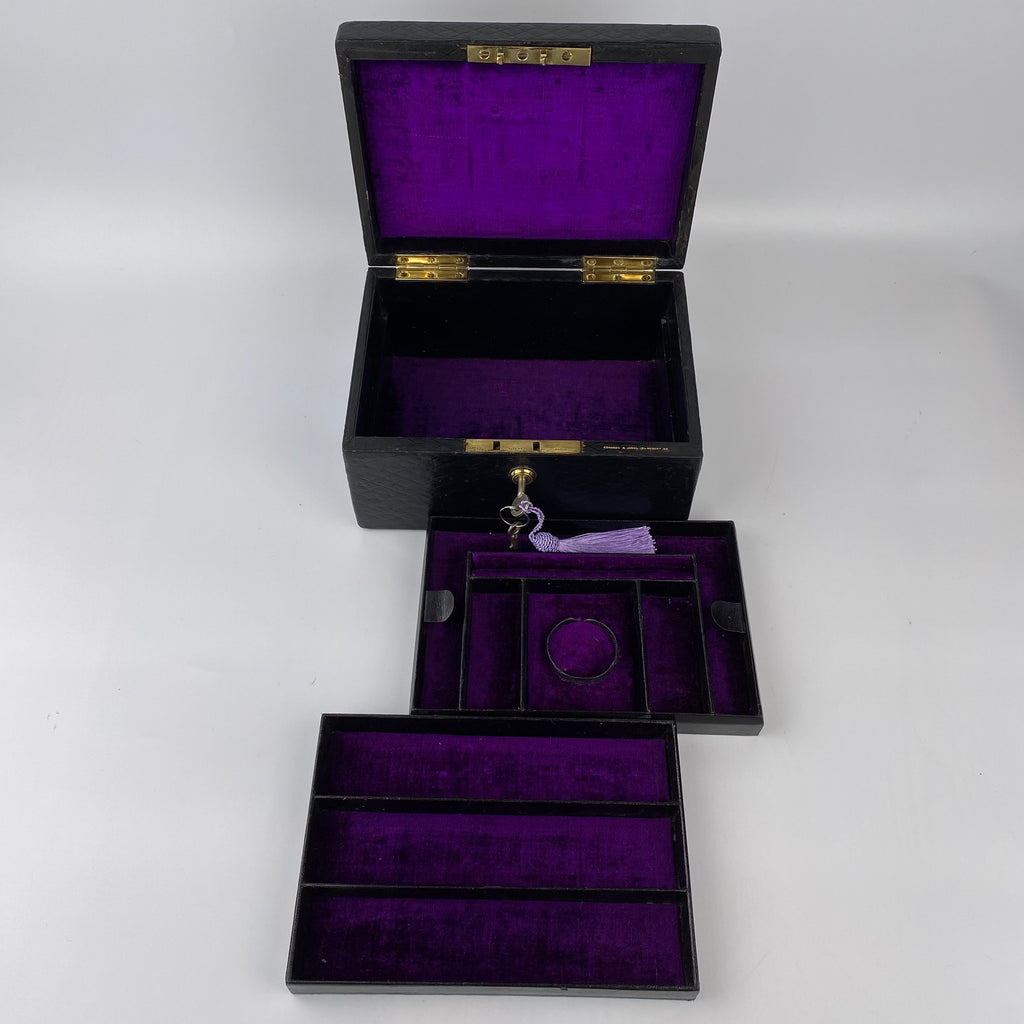 Victorian Black Leather Jewellery Box, Bramah Lock and 2 Keys-Antique>Jewellery Box-19th Century Victorian-Lowfields Barn Antiques
