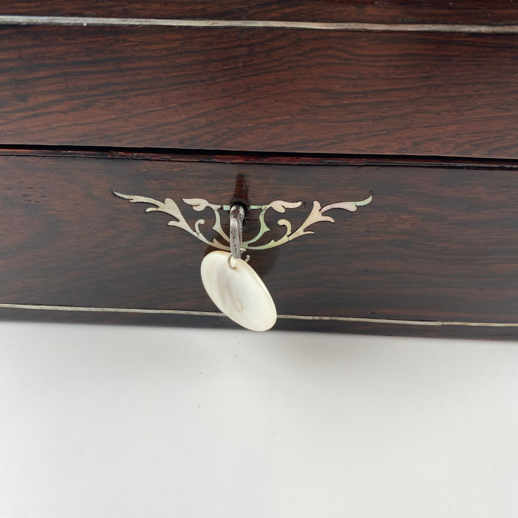 Victorian Rosewood Jewellery Box with Mother of Pearl Inlay, Working Lock and Key Circa 1880-1900-Antique Jewellery Box-Victorian-Lowfields Barn Antiques