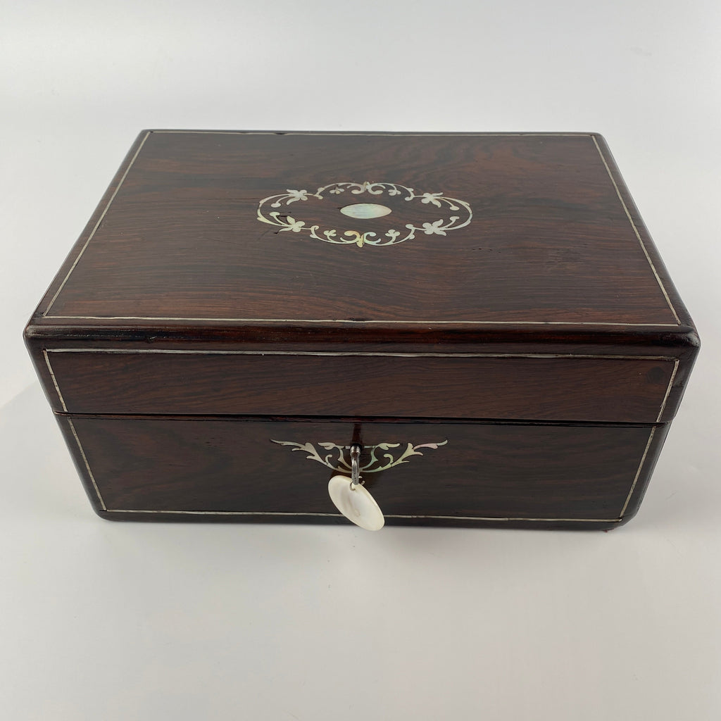 Victorian Rosewood Jewellery Box with Mother of Pearl Inlay, Working Lock and Key Circa 1880-1900-Antique Jewellery Box-Victorian-Lowfields Barn Antiques