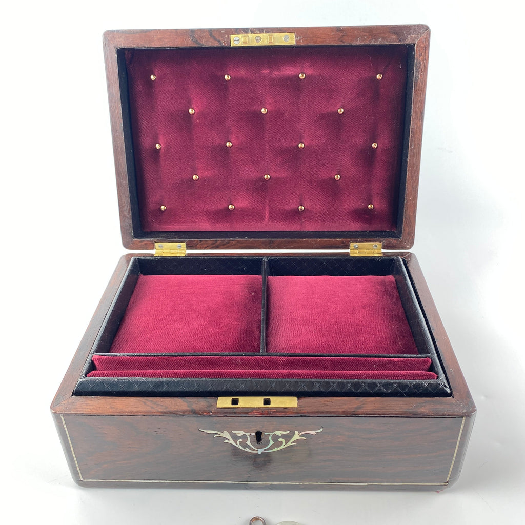 Victorian Rosewood Jewellery Box with Mother of Pearl Inlay, Working Lock and Key Circa 1880-1900-Antique Jewellery Box-Victorian-Lowfields Barn Antiques