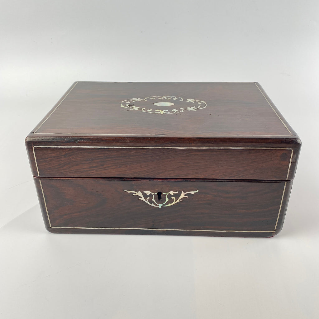 Victorian Rosewood Jewellery Box with Mother of Pearl Inlay, Working Lock and Key Circa 1880-1900-Antique Jewellery Box-Victorian-Lowfields Barn Antiques