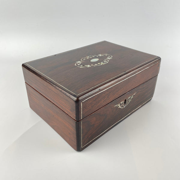 Victorian Rosewood Jewellery Box with Mother of Pearl Inlay, Working Lock and Key Circa 1880-1900-Antique Jewellery Box-Victorian-Lowfields Barn Antiques