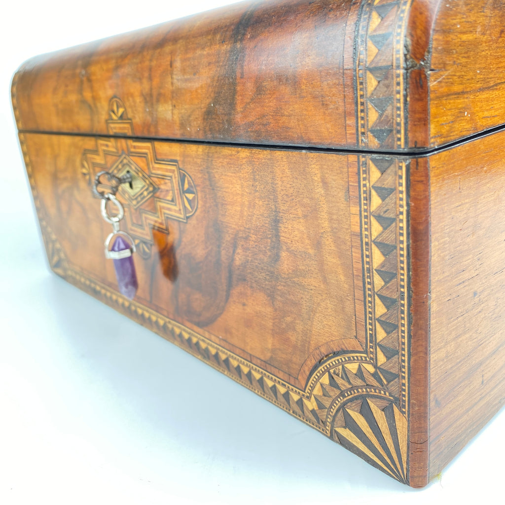 Walnut Jewellery Box with Beautiful Tunbridge Ware Style Inlay, Original Key Circa 1850 - 1900-Antique Jewellery Box-19th Century Victorian-Lowfields Barn Antiques