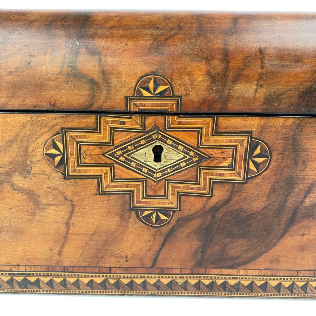 Walnut Jewellery Box with Beautiful Tunbridge Ware Style Inlay, Original Key Circa 1850 - 1900-Antique Jewellery Box-19th Century Victorian-Lowfields Barn Antiques