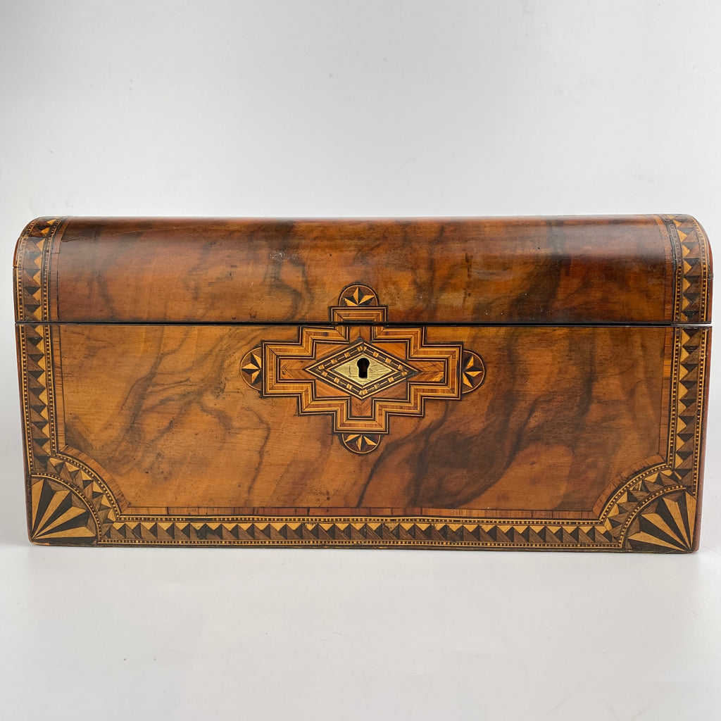 Walnut Jewellery Box with Beautiful Tunbridge Ware Style Inlay, Original Key Circa 1850 - 1900-Antique Jewellery Box-19th Century Victorian-Lowfields Barn Antiques