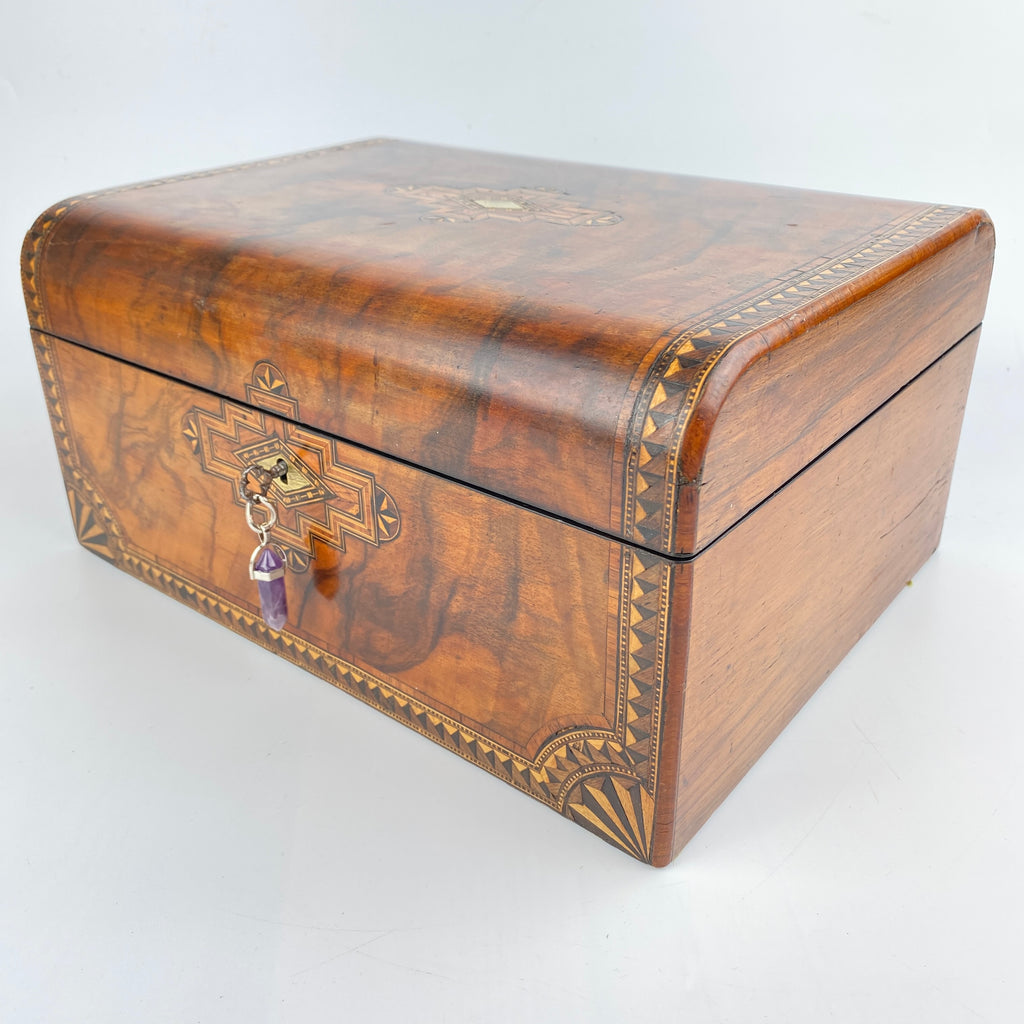 Walnut Jewellery Box with Beautiful Tunbridge Ware Style Inlay, Original Key Circa 1850 - 1900-Antique Jewellery Box-19th Century Victorian-Lowfields Barn Antiques