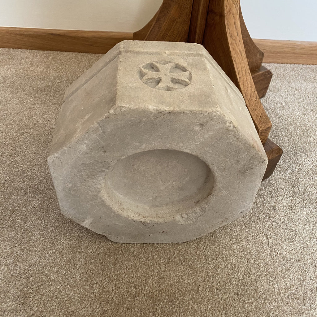 Carved Stone Holy Water or Baptism Font on Oak Stand - Ecclesiastical Antiques-Decorative Antiques > Ecclesiastical Antiques-20th Century-Lowfields Barn Antiques