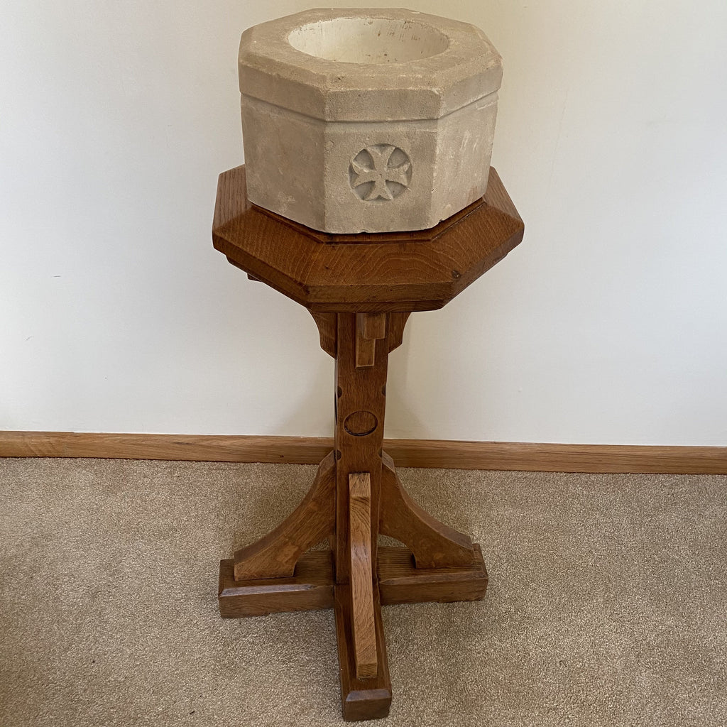 Carved Stone Holy Water or Baptism Font on Oak Stand - Ecclesiastical Antiques-Decorative Antiques > Ecclesiastical Antiques-20th Century-Lowfields Barn Antiques