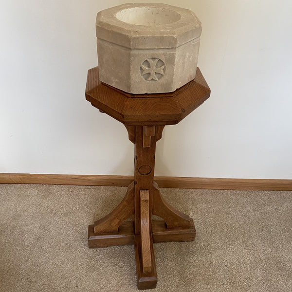 Carved Stone Holy Water or Baptism Font on Oak Stand - Ecclesiastical Antiques-Decorative Antiques > Ecclesiastical Antiques-20th Century-Lowfields Barn Antiques