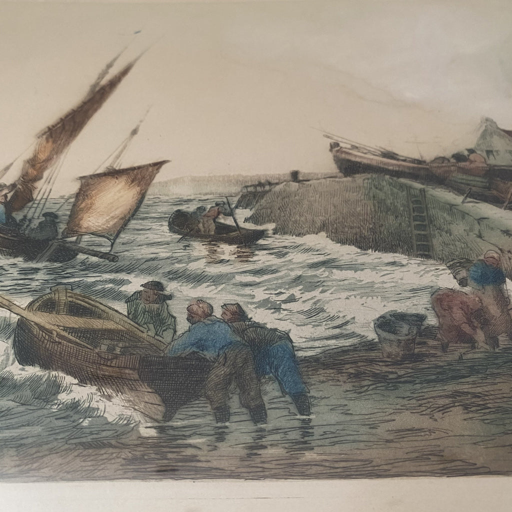 Coastal Scene Engraving and Hand Coloured By E H Barlow C1920-Antique Art > Painting-E H Barlow-Lowfields Barn Antiques
