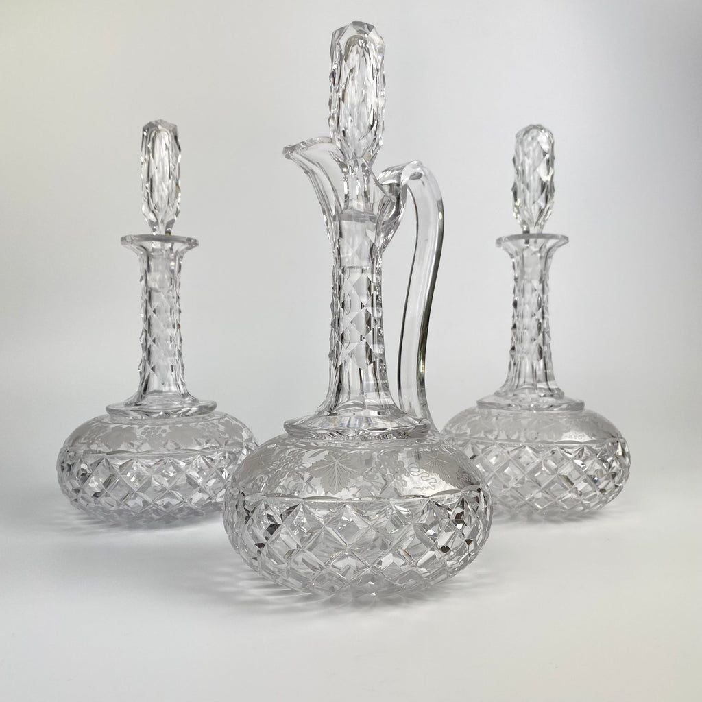 Exceptional Quality Crystal Claret Jug and Decanter Suite Trio-Antique Decanters-Early 20th Century-Lowfields Barn Antiques