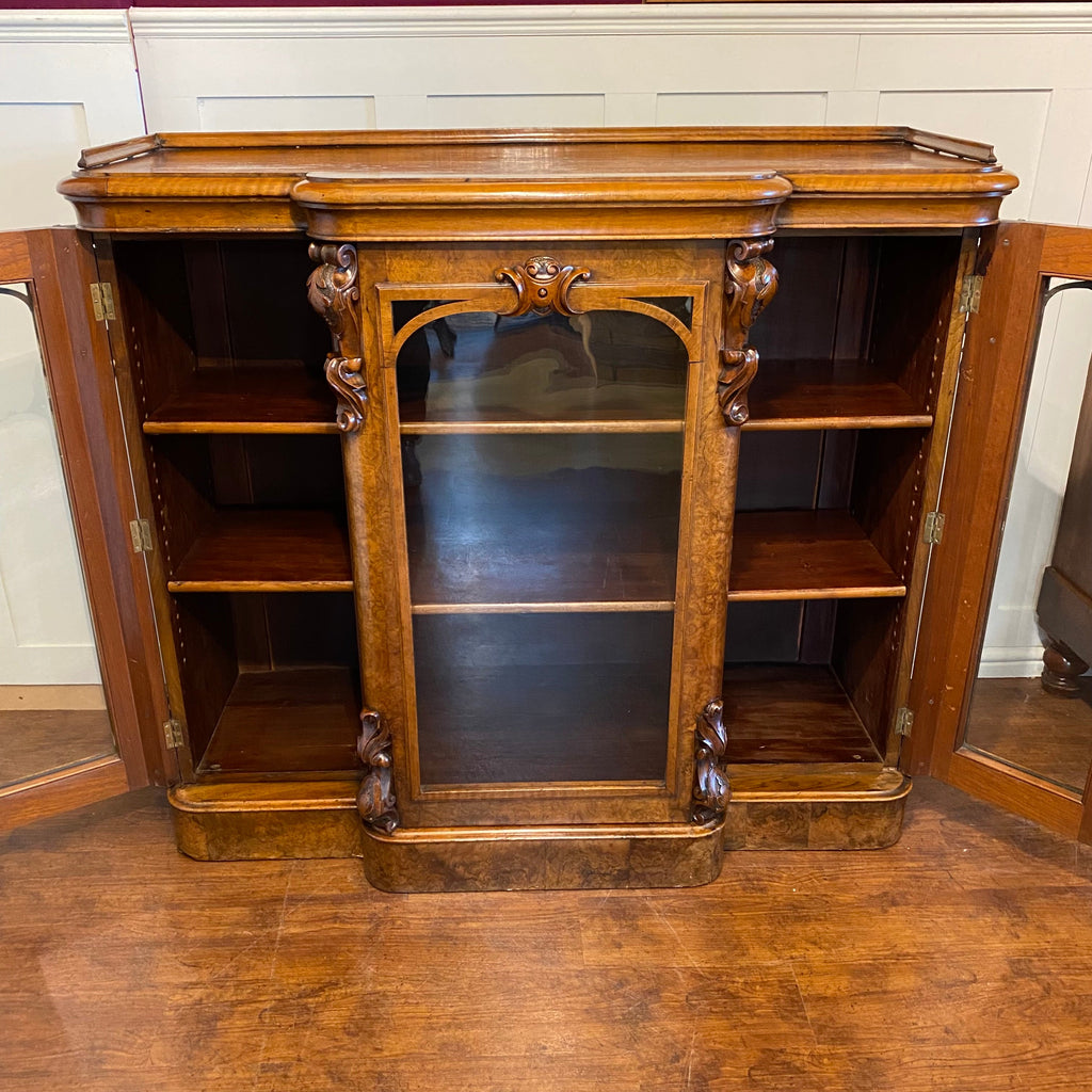Fine Quality Victorian Figured Walnut Breakfront Bookcase-Antique Furniture > Bookcases-Victorian-Lowfields Barn Antiques