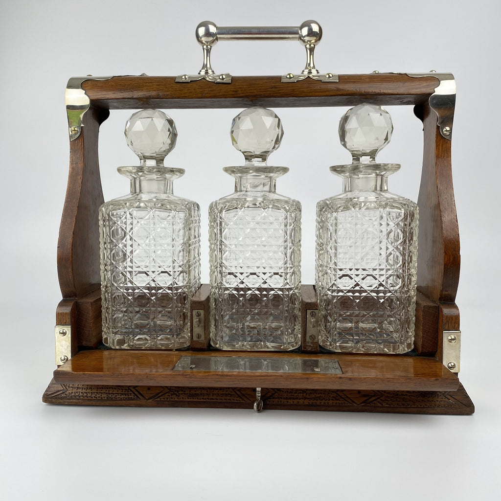 Late Victorian Scottish Oak Tantalus with Three Glass Decanters-Antique Decanters Tantalus-Victorian-Lowfields Barn Antiques