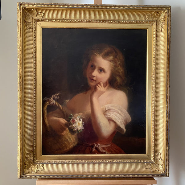 Oil on Canvas – The Little Flower Girl - Bernardo Amiconi-Antique Art > Painting-Bernardo Amiconi (1825 - 1879) Italian-Lowfields Barn Antiques