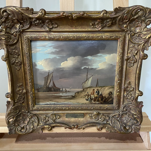 Oil on Panel - Shore Scene - Attributed to Simon Johannes Beunis-Antique Art > Painting-Attributed to Simon Johannes Beunis 19th Century-Lowfields Barn Antiques
