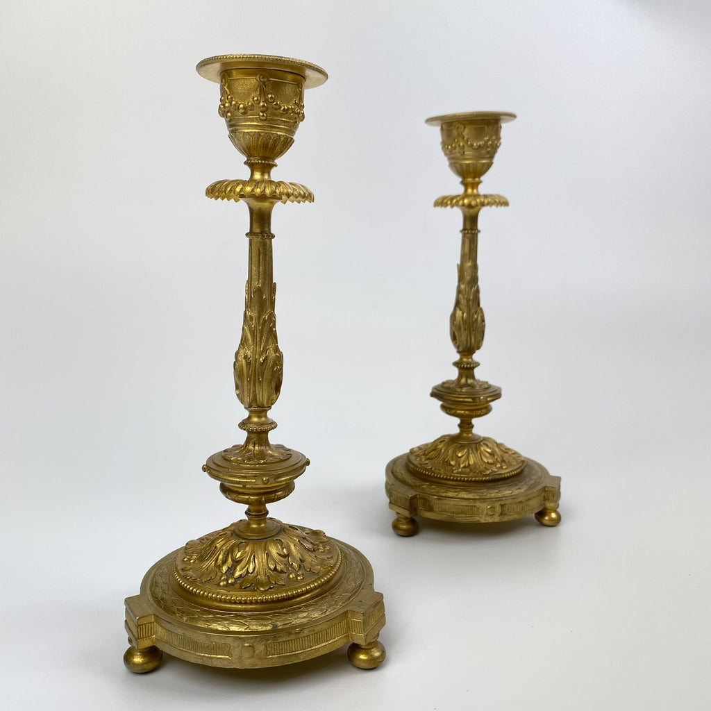 Pair French Gilt Ormolu Candlesticks - Late 19th Century-Antique Decorative-Late 19th Century-Lowfields Barn Antiques