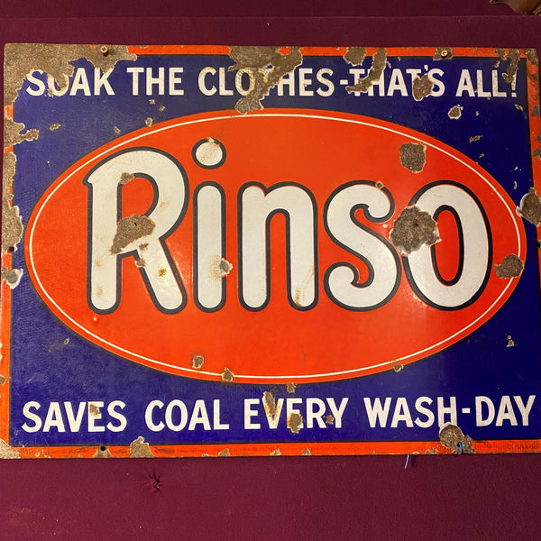 Rinso Saves Coal Every Wash Day - Steel Enamel Advertising Sign - Circa 1910-Antique Wall Art > Enamel Advertising Signs-Hudson Soap-Lowfields Barn Antiques