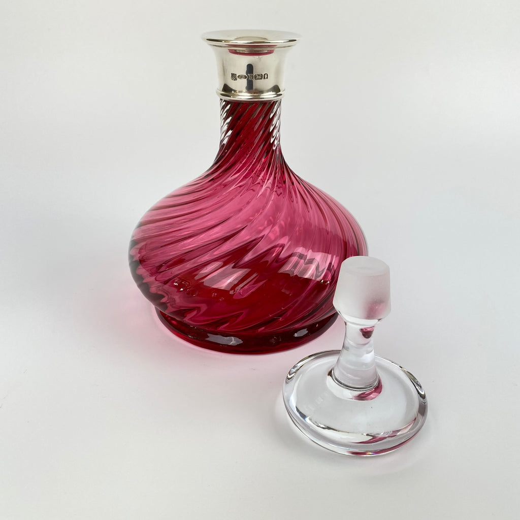 Silver Collared Cranberry Crystal Decanter-Antique Glass > Decanter-Moorcroft-Lowfields Barn Antiques