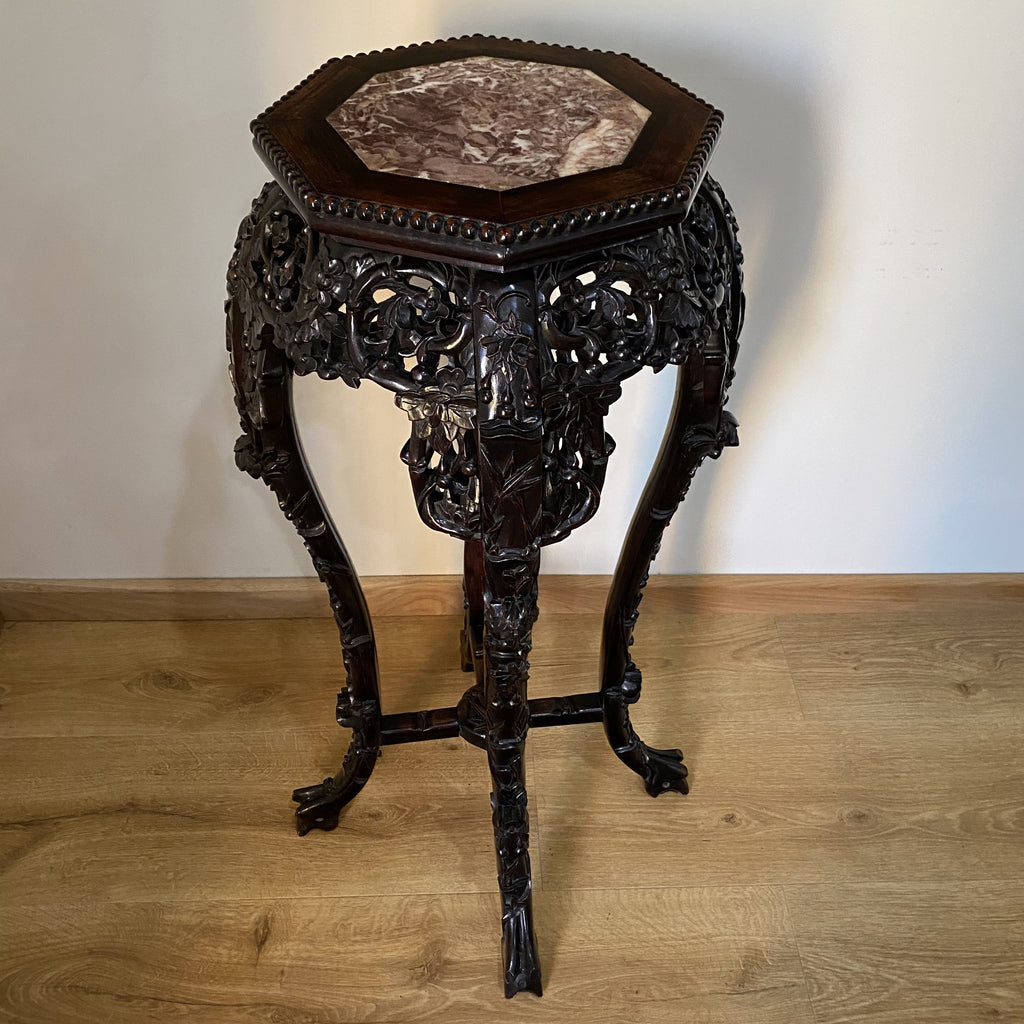 Superb Detail - Oriental Hand Carved Plant Stand with Marble Top-Antique Furniture > Jardinière-Oriental Antique-Lowfields Barn Antiques