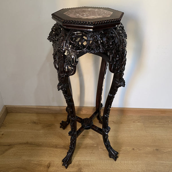 Superb Detail - Oriental Hand Carved Plant Stand with Marble Top-Antique Furniture > Jardinière-Oriental Antique-Lowfields Barn Antiques