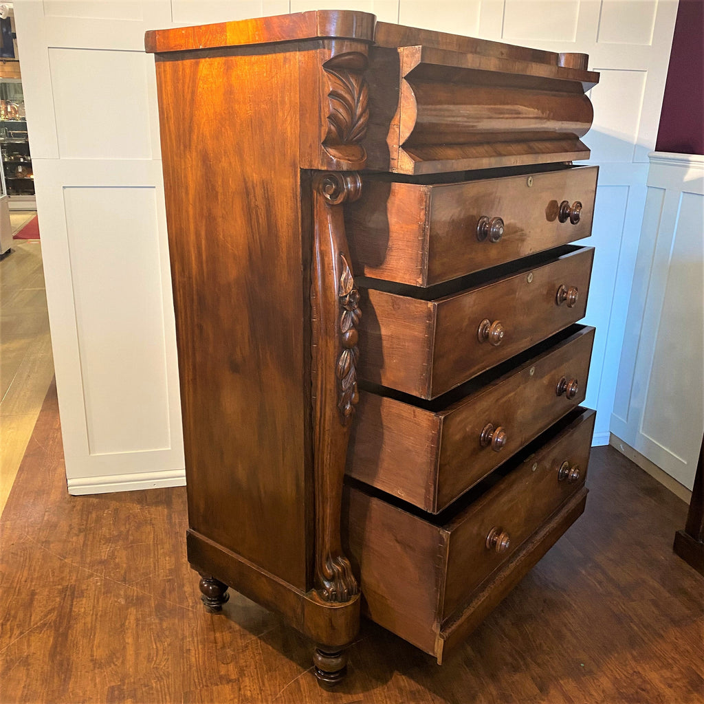 Tall Four Drawer Flame Mahogany Scottish Chest - Late Victorian-Antique Furniture > Chest of Drawer-19th Century Victorian-Lowfields Barn Antiques
