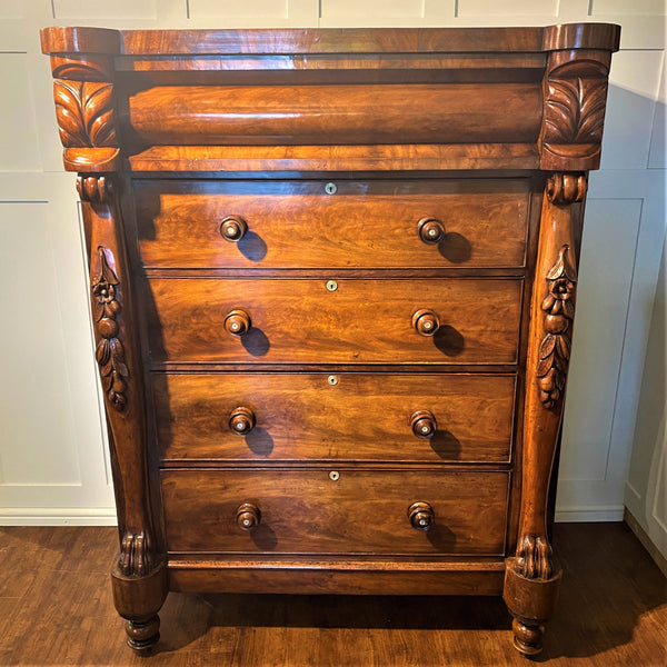 Tall Four Drawer Flame Mahogany Scottish Chest - Late Victorian-Antique Furniture > Chest of Drawer-19th Century Victorian-Lowfields Barn Antiques
