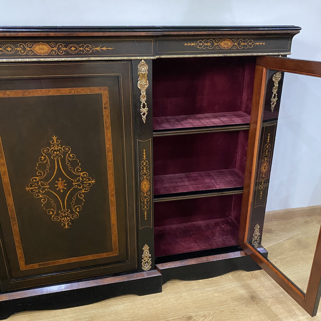 Victorian Ebonised Credenza with Amboyna Banded Marquetry-Antique Furniture > Cabinets-Victorian-Lowfields Barn Antiques