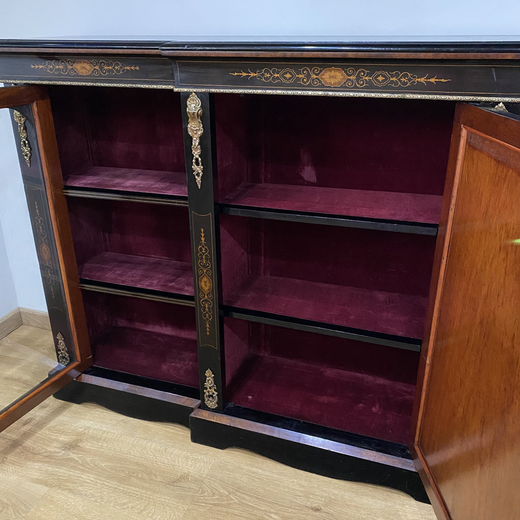Victorian Ebonised Credenza with Amboyna Banded Marquetry-Antique Furniture > Cabinets-Victorian-Lowfields Barn Antiques