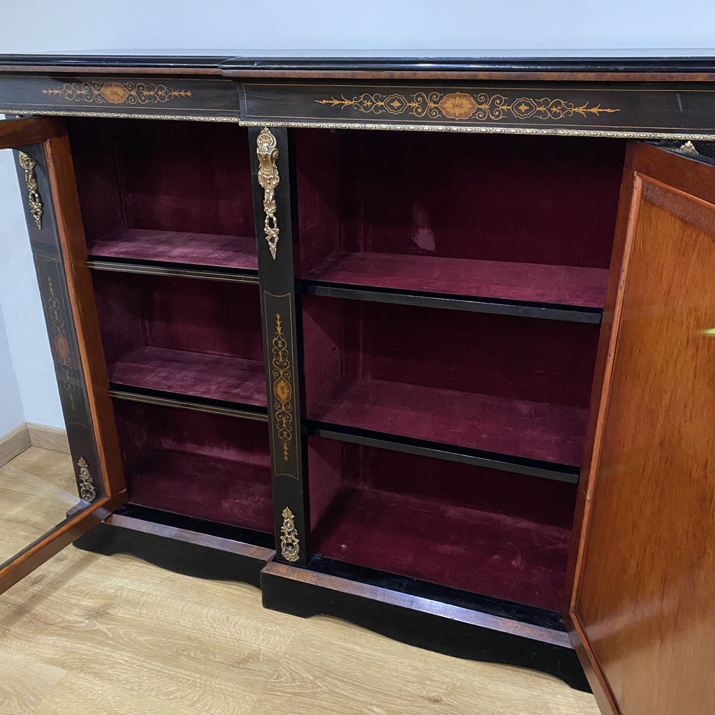 Victorian Ebonised Credenza with Amboyna Banded Marquetry-Antique Furniture > Cabinets-Victorian-Lowfields Barn Antiques