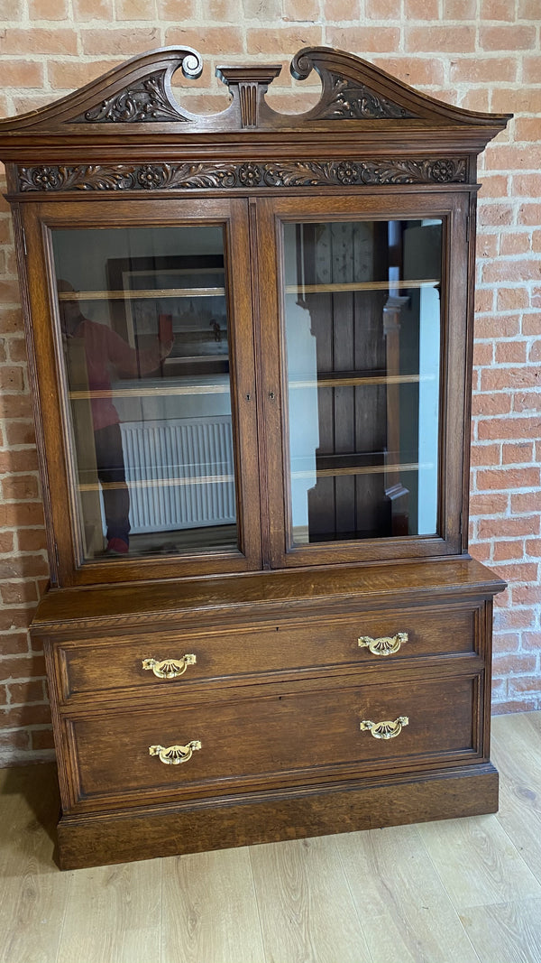 Victorian Glass Fronted Oak Bookcase Over 2 Deep Graduated Drawers Circa 1860-Antique Furniture > Bookcases-Victorian-Lowfields Barn Antiques