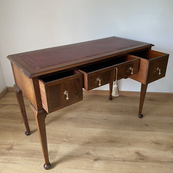 Walnut Writing Desk with Red Leather Gilt Writing Surface-Antique Furniture > Desks-Early 20th-Lowfields Barn Antiques