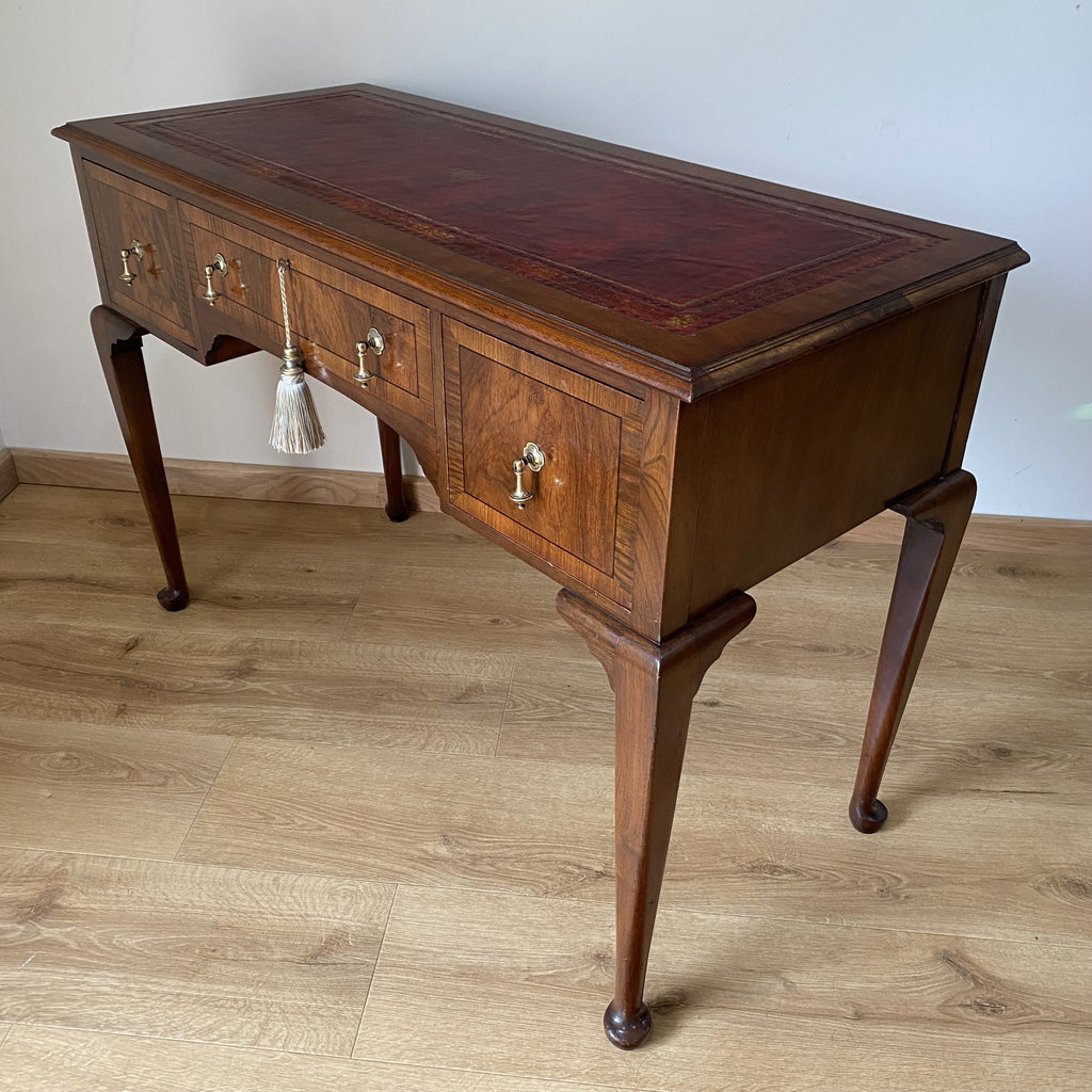 Walnut Writing Desk with Red Leather Gilt Writing Surface-Antique Furniture > Desks-Early 20th-Lowfields Barn Antiques