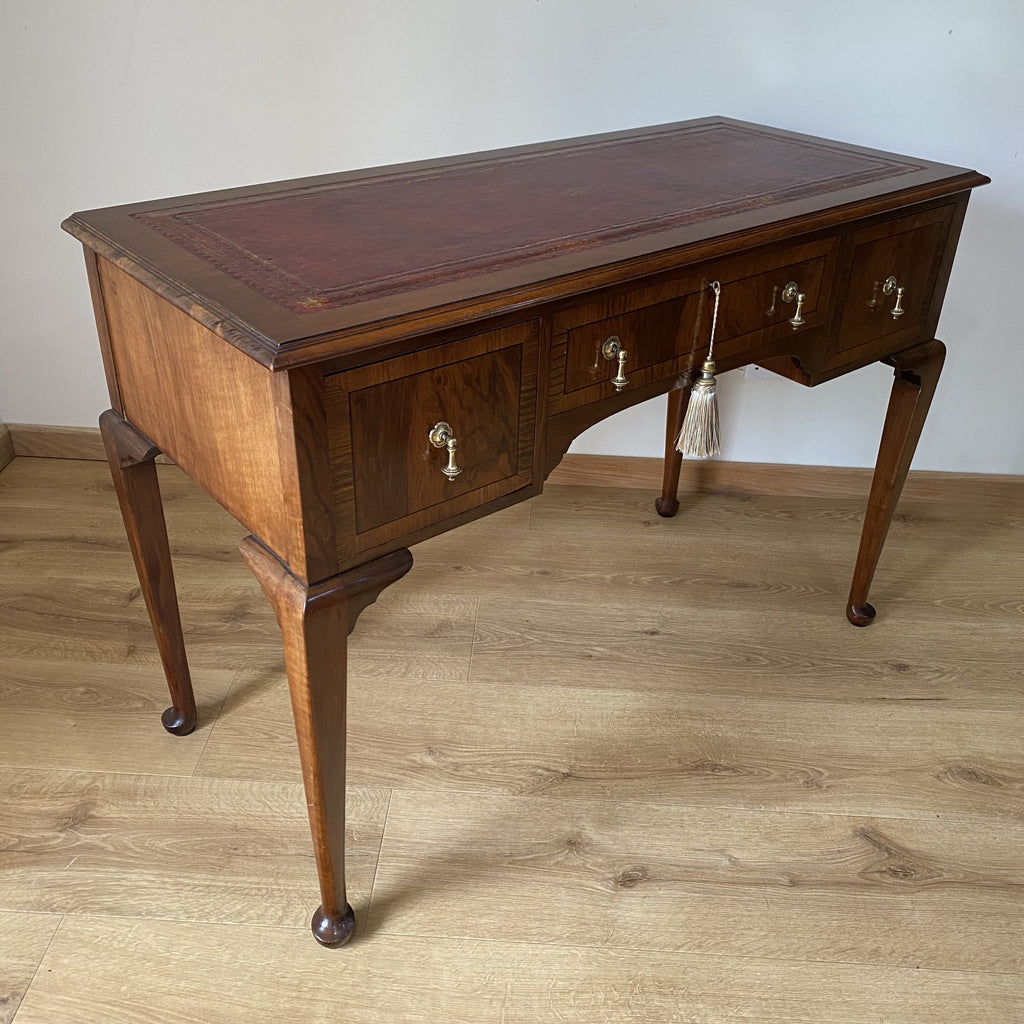Walnut Writing Desk with Red Leather Gilt Writing Surface-Antique Furniture > Desks-Early 20th-Lowfields Barn Antiques
